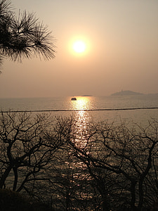Llac Taihu, Wuxi, crepuscle, posta de sol, horitzó, Mar