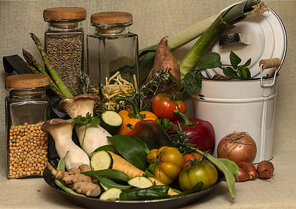 정, 야채, 컨테이너, 시리얼, 완두콩, 국수, 버섯