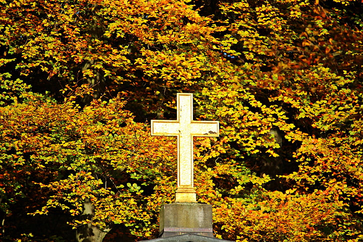 cross, autumn, fall foliage, ludwigslust-parchim, castle park, louise mausoleum, mausoleum