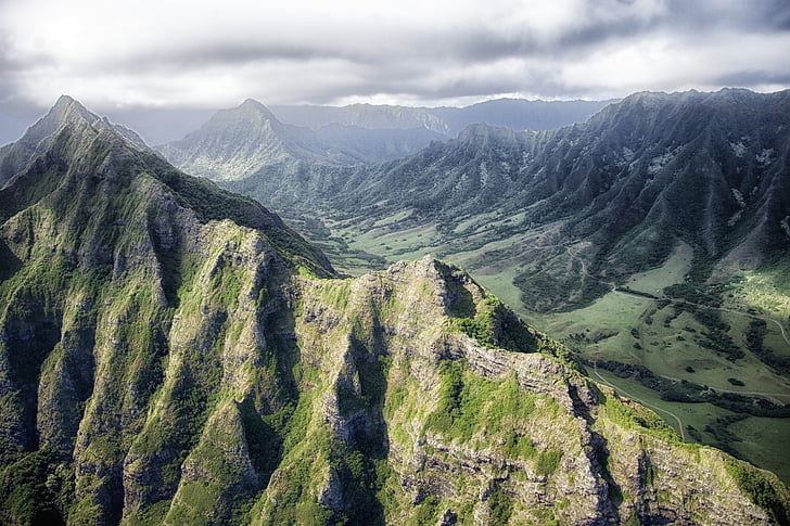 hawaii, mountains, sky, clouds, valley, ravine, gorge