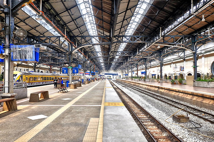 indoors, line, platform, railway, station, steel, terminal