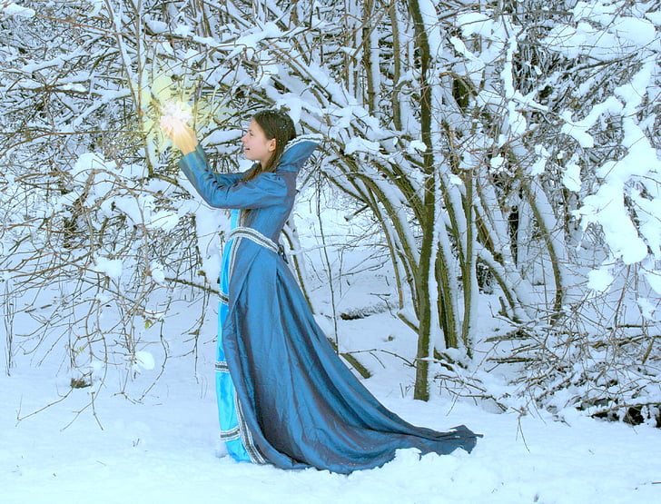 girl, princess, snow, dress, blue, story, winter