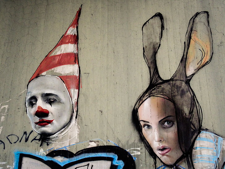 grafiti, klaun, zec, čovjek, žena, lice, lica