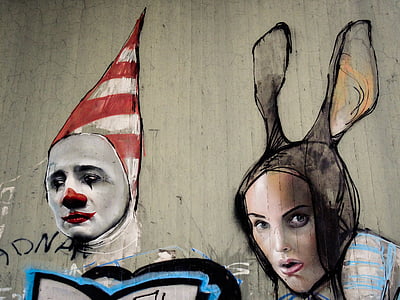 graffiti, clown, hare, man, woman, face, faces