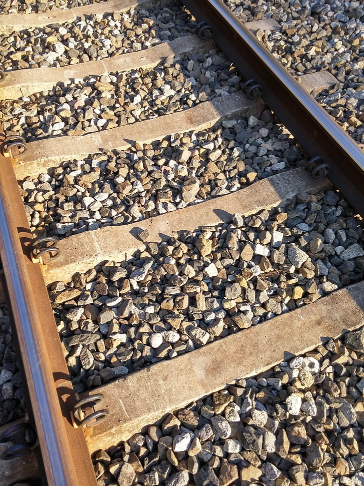tracks, gravel, concrete, steel, gray