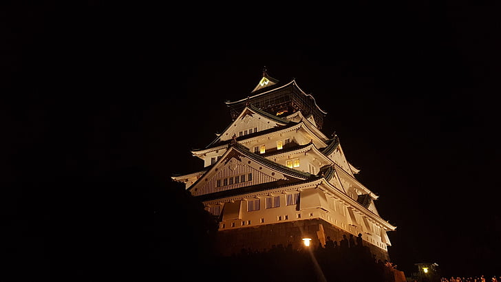 Osaka castle, Osaka, Japonsko, Nočný pohľad, konštrukcia, hrad, noc