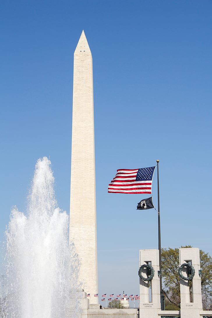 Washingtonův monument, Spojené státy americké, vlajka, vzpomínka, Fontána, vlajkový stožár, Washington