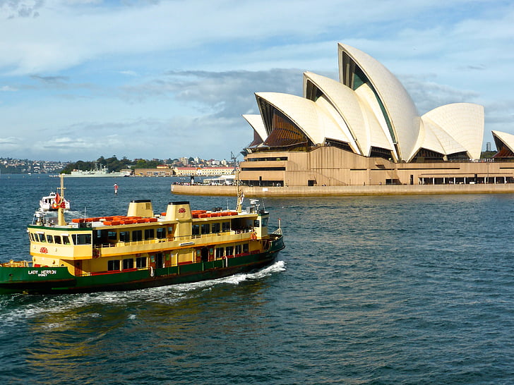 Sydney, operahus, Australien, landmärke, hamnen, fartyg, stadsbild