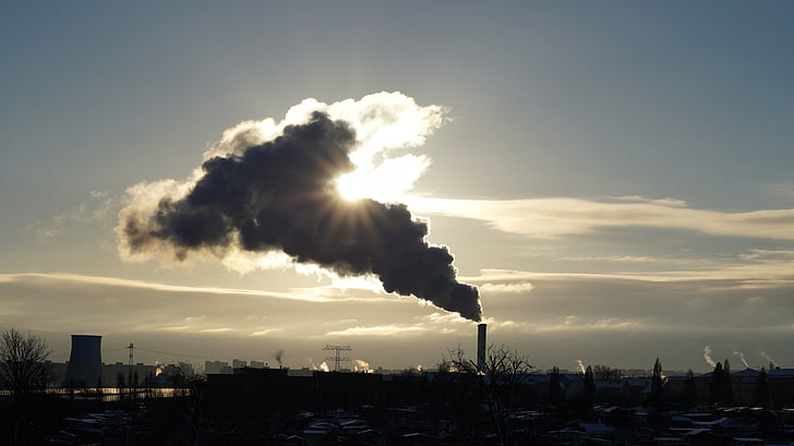 промисловість, смогу, забруднені, димохід, небо, Схід сонця, Переважно хмарно