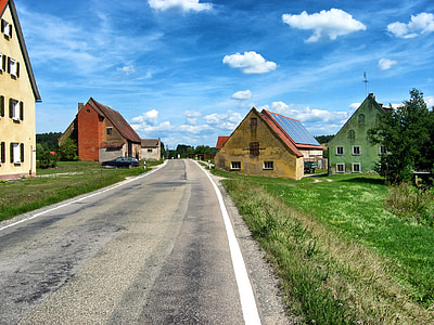 germany, bavaria, village, road, sky, clouds, houses