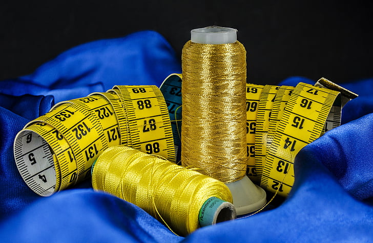 de costura, algodón, hilo de rosca, material, cinta, medida, azul