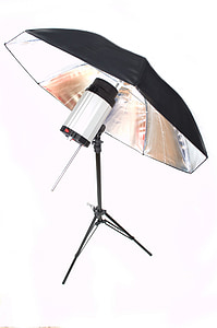 Studio, zařízení, bílá, izolovaný, pozadí, deštník, žárovka