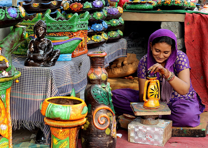 kvinne, indisk, maleri, keramikk, farger, til salgs, kreativitet
