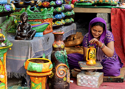 여자, 인도, 그림, 도자기, 색상, 판매에 대 한, 창의력
