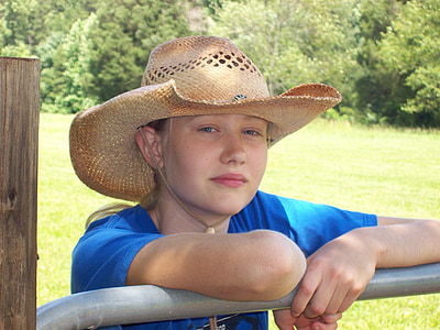 muchacha de campo, sombrero, vaquera, persona, chica, país, rural