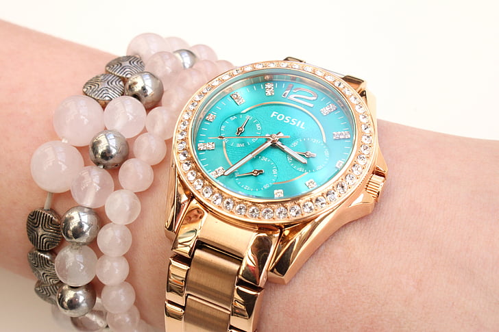 se, timepiece, fossilt, armbånd, perler, blå, turkis