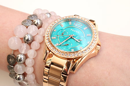 hodinky, hodinky, fosilní, náramek, perly, modrá, tyrkysová