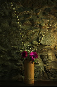 bambuko, apdaila, Dekoratyviniai, gėlės, rožės, lentyna, akmeninė siena