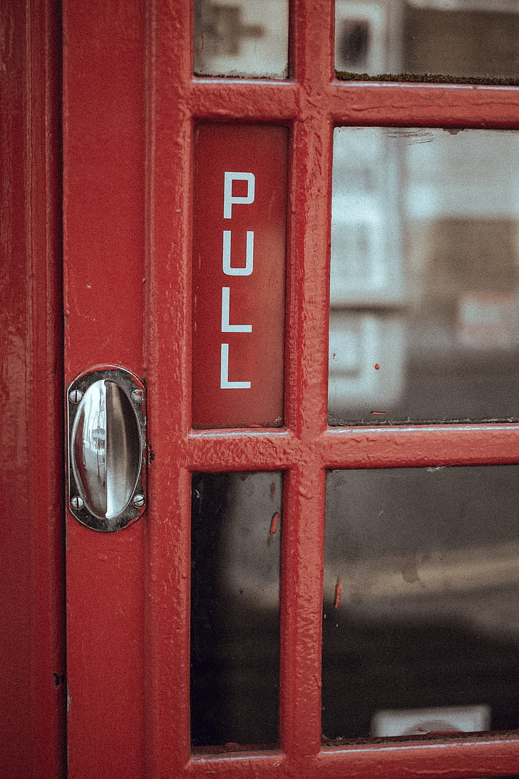 red, door, telephone, booth, payphone, old, old-fashioned
