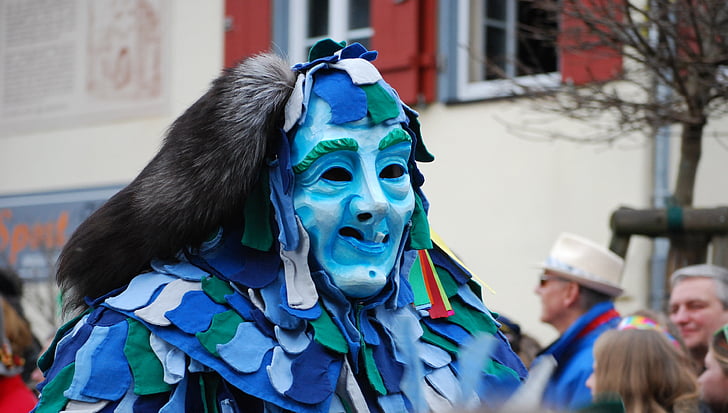 Karneval, Masopust, průvod, Německo, maska, modrá, kostým