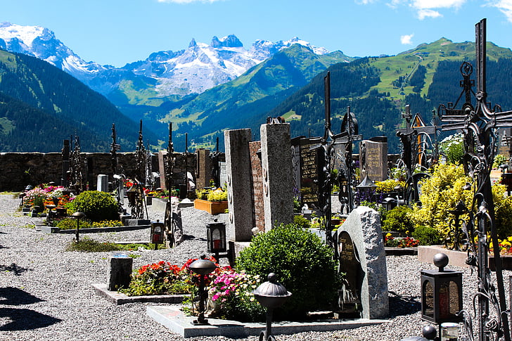 kirkegården, landskapet, gravene, blomster, Vis, fjell, berømte place