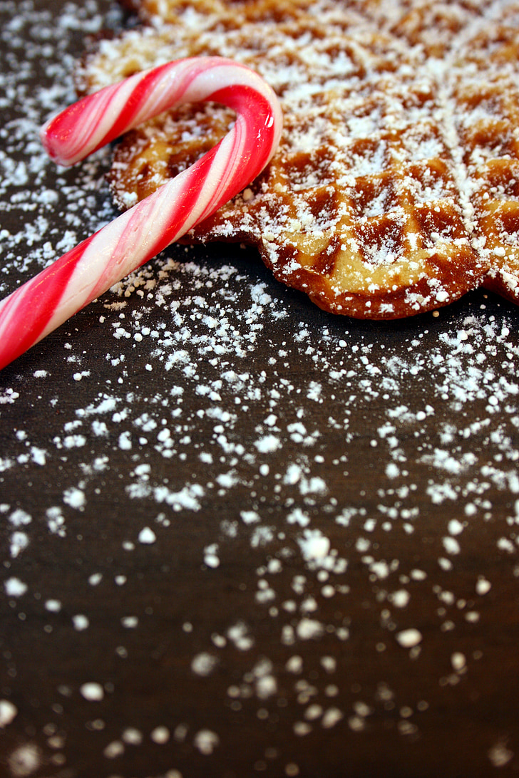 waffle, canna di caramella, Natale, zucchero, dolcezza, cibo, zucchero a velo
