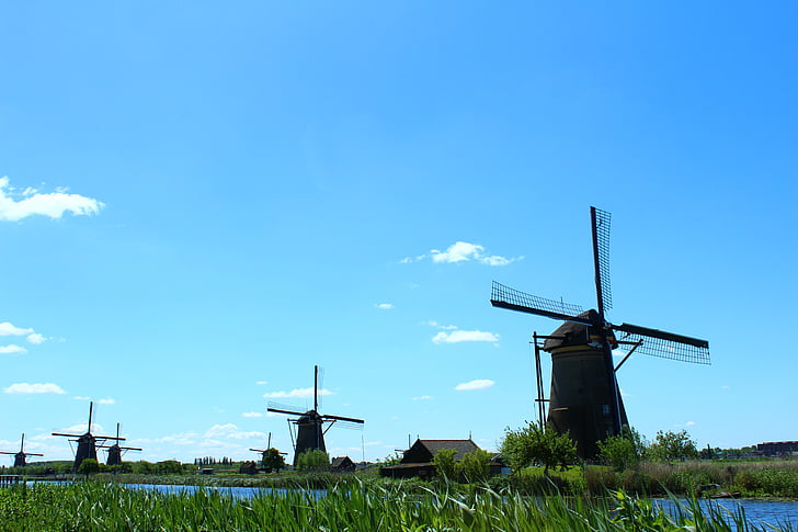 kinderdijk, mill, mills, windmill, sky, blue, nature
