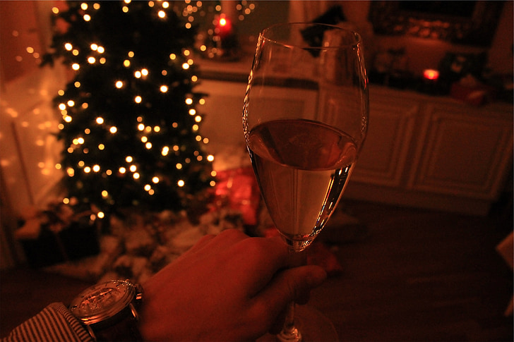 wijn, glas, kerstboom, presenteert, verlichting, horloge
