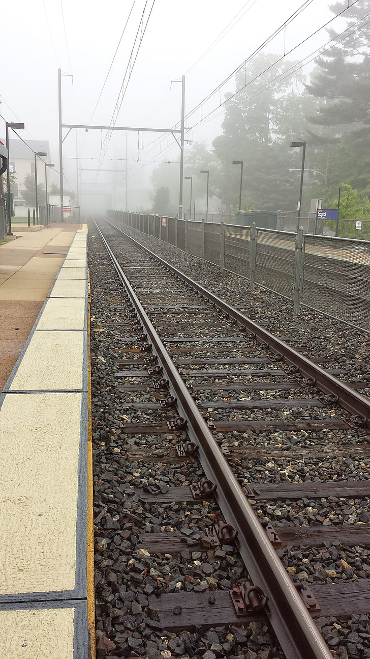 τρένο, παρακολουθείτε, κομμάτια, ομίχλη, σιδηρόδρομος, μεταφορές, μεταφορά