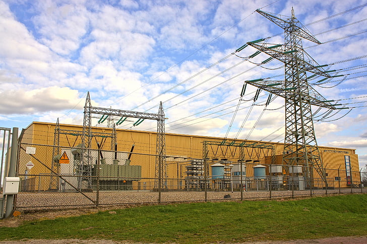 high voltage line, energy, air, electricity, switching station, mast, power lines