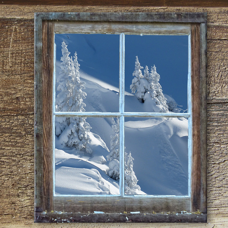 окно, Старый, Хижина, дерево, снег, Снежное, горы