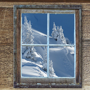 window, old, hut, tree, snow, snowy, mountains
