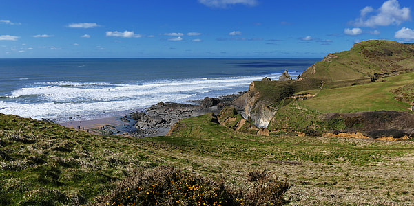 : Sandymouth beach, Cornwall, Anglija, Velika Britanija, Velika Britanija, Cornish, zahod