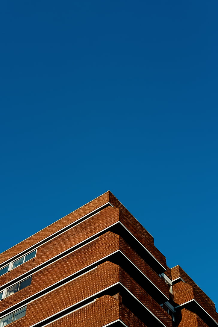 coklat, beton, tinggi, naik, bangunan, biru, langit