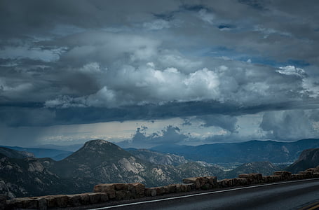 asphalt, clouds, cloudy, highway, landscape, lane, mountains