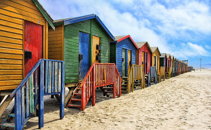 Νότια Αφρική, Muizenberg, πολύχρωμο, εξοχικό σπίτι, παραλία με άμμο, Ενοικιαζόμενα, καμπίνες παραλίας