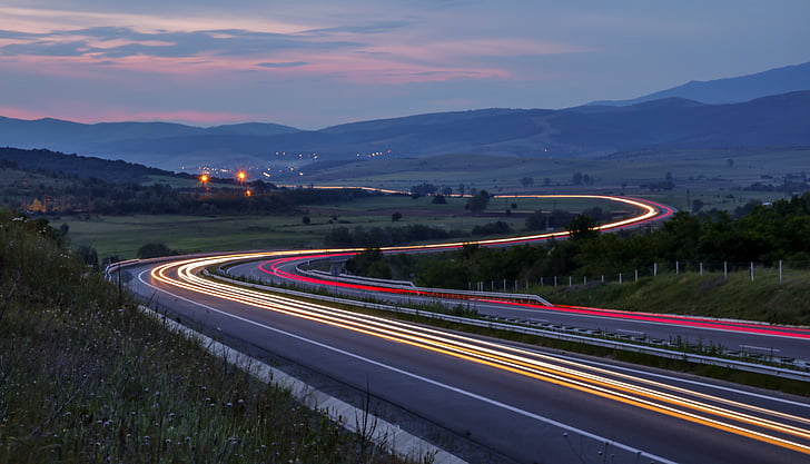 asfalt, jednotky, Rýchlostná cesta, Diaľnica, Príroda, svetlá, hory