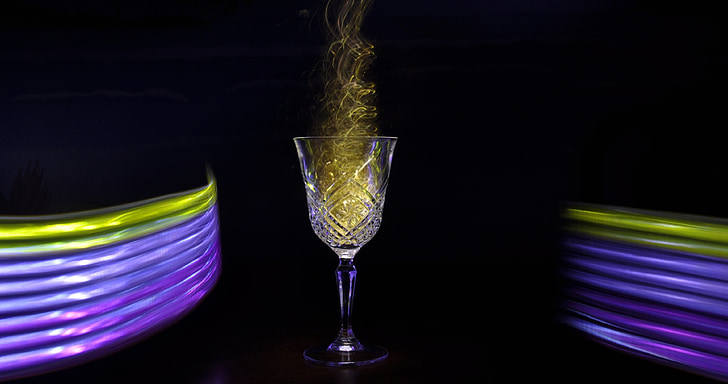 wine glass, smoke, light painting, purple, colorful