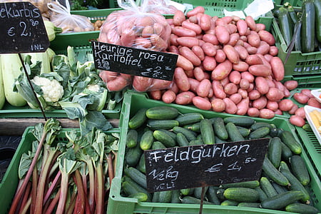 vegetables, market, potatoes, cucumbers, rabarber, healthy, food