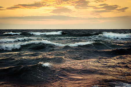günbatımı, dalgalar, su, gökyüzü, Deniz, okyanus, doğa