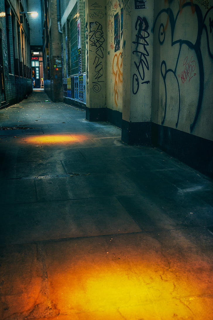 street, night, urban, dark, road, alley, vandal