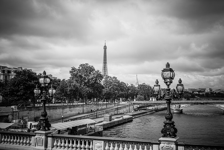 Σηκουάνα, Παρίσι, Γαλλία, γέφυρα, Eiffel, μαύρο και άσπρο, διάσημη place