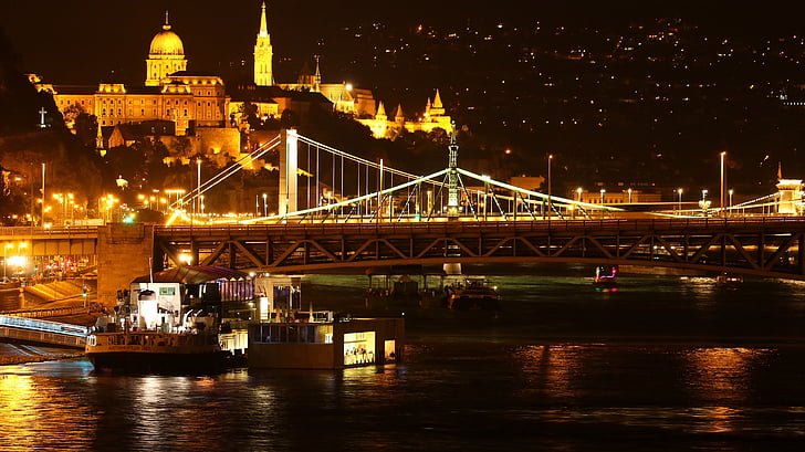 Будапешт, Ночью, мост, фары, ночное фото, освещение, Река