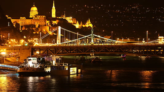 Budapeštas, naktį, tiltas, žibintai, naktį nuotraukų, apšvietimas, upės