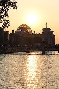 naplemente, Spree, abendstimmung, este, folyó, Reichstag, Berlin
