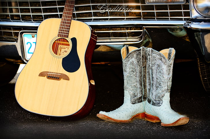 Guitarra, botas vaqueras, Cadillac, instrumento, música, botas, vaquero
