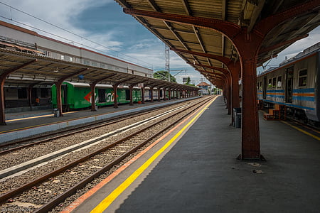 Estação, Trem, céu, ferrovia, transporte, plataforma de estação de estrada de ferro, viagens