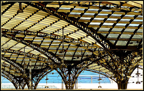 railway station, station roof, roof, roof construction, steel structure, steel, vault
