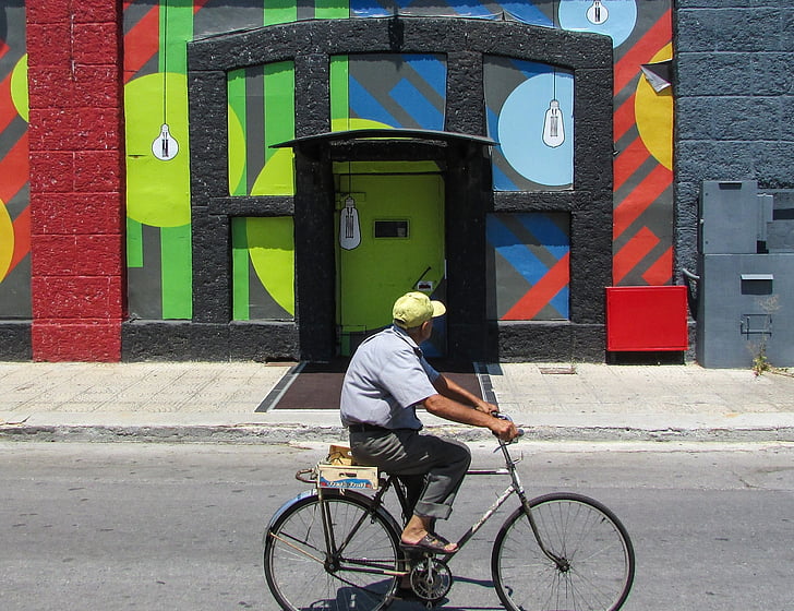 gubbe, cykel, gamla stan, färger, byggnad, Senior, aktiva
