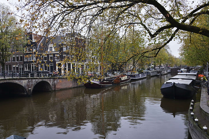 Amsterdamas, kanalas, baržos, Olandijoje, kanalas, jūrų laivas, Nyderlandai